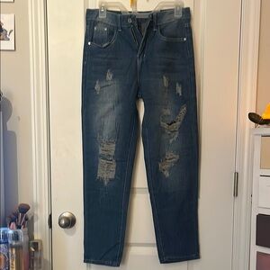 Blue Boyfriend Jeans with Distressing and Fading
